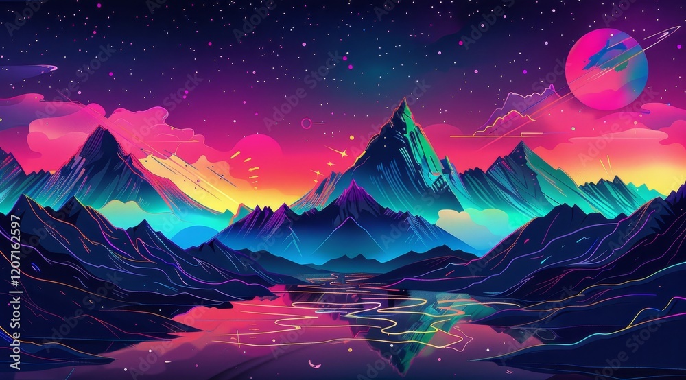 A vibrant, colorful, and abstract landscape of mountains, a lake, and a large, glowing moon in a night sky. A vibrant, colorful, and abstract landscape of mountains, a lake, and a large, glowing moon in a night sky.