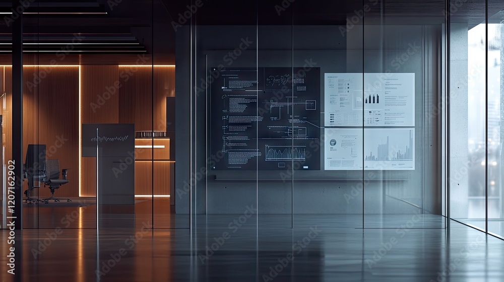 A modern office with licensing models and flowcharts displayed on glass walls A modern office with licensing models and flowcharts displayed on glass walls