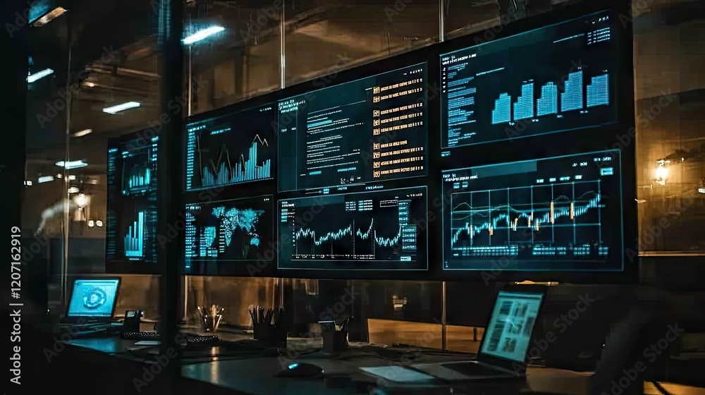 A modern office with licensing models and flowcharts displayed on glass walls