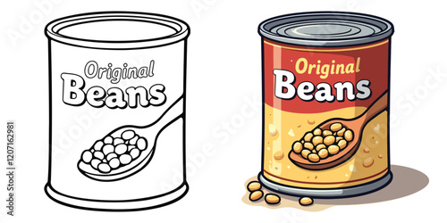 A Can of Beans Line Art Vector Illustration Black and White with Coloring Sample. Bold and Easy Food, Fruits, Sweets, Drinks, Dessert, and Snacks Coloring Pages for Adults and Kids