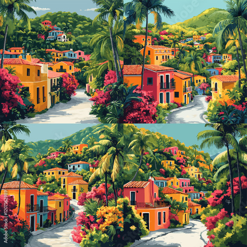 Colorful Tropical Village with Vibrant Bougainvillea
, Serene Caribbean Village in Blooming Nature