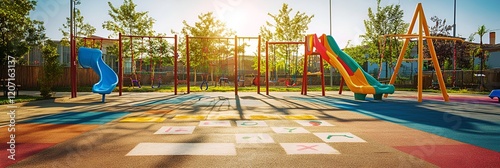 A vibrant playground with hopscotch markings, swings, and colorful slides under sunlight
