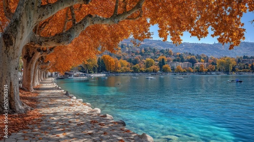 Autumnal lake promenade, colorful trees, village backdrop, idyllic scene