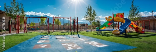 A vibrant playground with hopscotch markings, swings, and colorful slides under sunlight