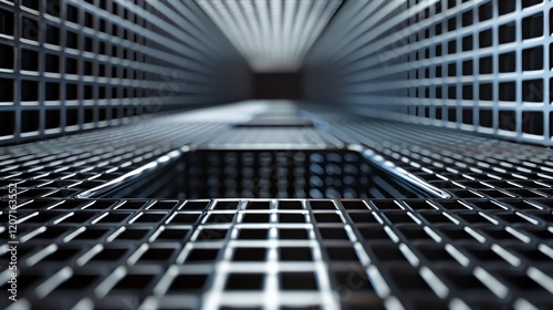 Looking down a long, narrow metal corridor. The walls are made of shiny metal grates, and the floor is made of the same material.