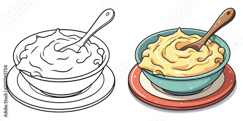 Mashed Potatoes Line Art Vector Illustration Black and White with Coloring Sample. Bold and Easy Food, Fruits, Sweets, Drinks, Dessert, and Snacks Coloring Pages for Adults and Kids