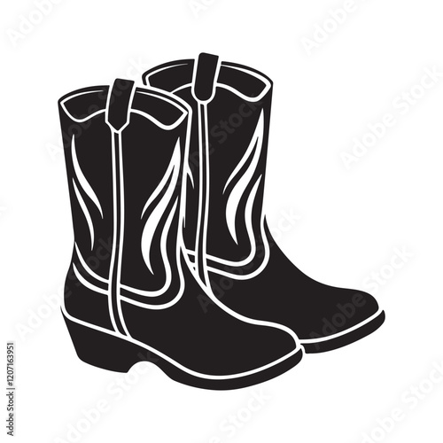 cowboy boots silhouette, black and white silhouette, vector and illustration
