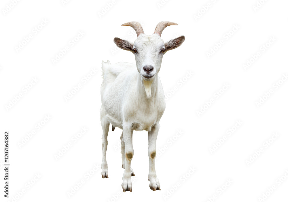 Obraz premium A white goat with short horns and floppy ears, standing and facing forward, isolated on a white background, front view