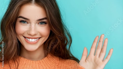 beautiful woman showing hello gesture with hand