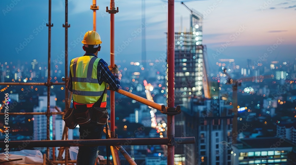 Fototapeta premium Construction Worker in Hard Hat and Safety Vest on Scaffolding with Blurred Cityscape Background, Symbolizing Modern Worker Conditions