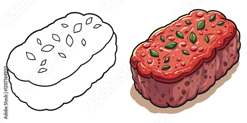 Meatloaf Line Art Vector Illustration Black and White with Coloring Sample. Bold and Easy Food, Fruits, Sweets, Drinks, Dessert, and Snacks Coloring Pages for Adults and Kids