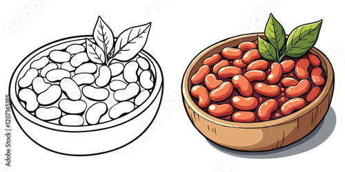 Baked Beans Line Art Vector Illustration Black and White with Coloring Sample. Bold and Easy Food, Fruits, Sweets, Drinks, Dessert, and Snacks Coloring Pages for Adults and Kids