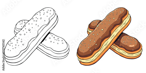 Éclair Line Art Vector Illustration Black and White with Coloring Sample. Bold and Easy Food, Fruits, Sweets, Drinks, Dessert, and Snacks Coloring Pages for Adults and Kids