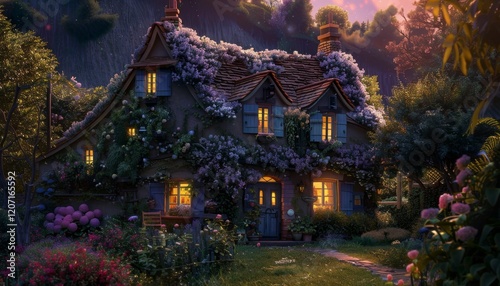 A charming cottage with a lush garden and warm lights glows at dusk. photo