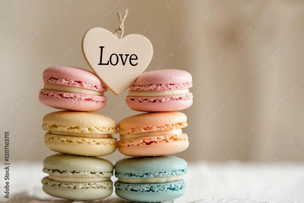 A stack of pastel-colored macarons with a A stack of pastel-colored macarons with a