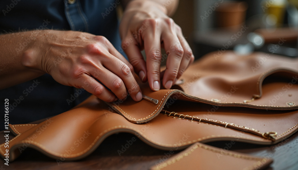 Obraz premium Focused hands stitching leather in workshop, craft repair