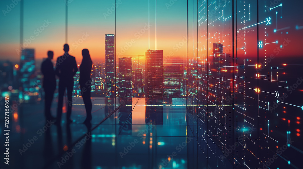 Obraz premium abstract professional business team people connection of line from nail node to node on Smart digital cityscap and skyline background , Innovation networking concept