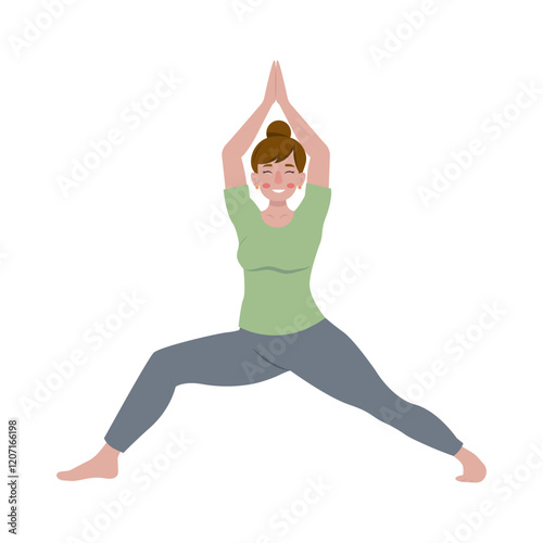 Vector illustration of a woman practicing yoga, depicted in a flat design style against a white background. Perfect for wellness, fitness, and meditation themes