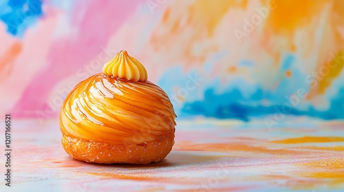 French bakery pastry confection rich custardy interior enclosed by a thin caramelized shell isolated on a colorful background photo