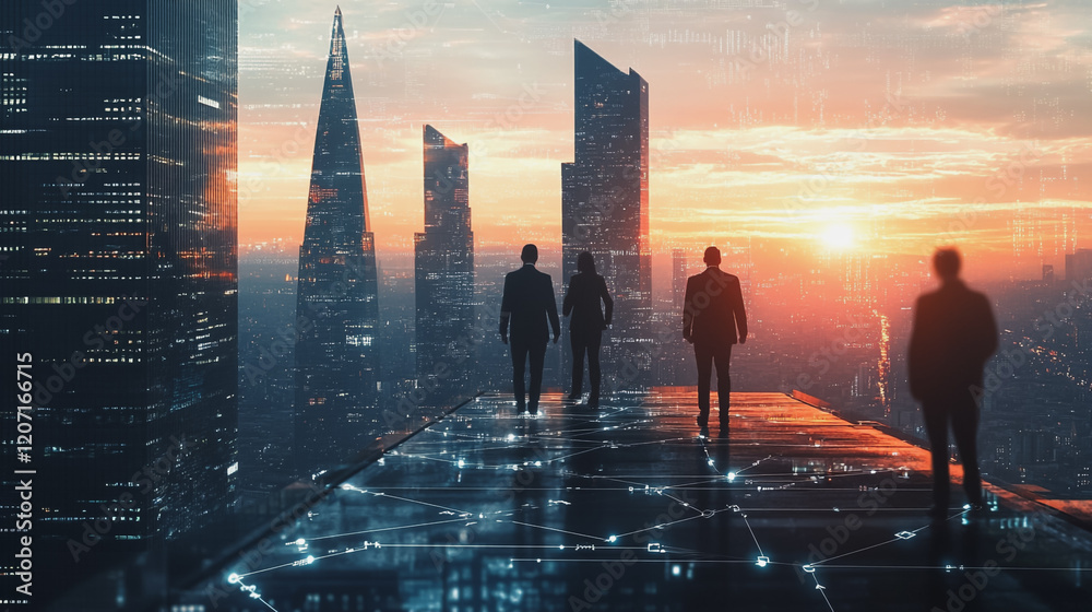 Fototapeta premium abstract professional business team people connection of line from nail node to node on Smart digital cityscap and skyline background , Innovation networking concept