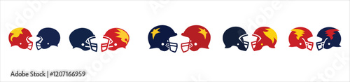  Silhouettes of Two Football Helmets Facing Each Other, Red and Yellow for the Chiefs and Navy and Red for the Texans, Vector Illustration, Perfect for Sports Design