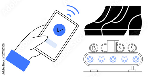 Hand holding a smartphone with a checkmark, symbolizing approval or validation. Automated factory line producing currency symbols and goods. Ideal for fintech, automation, production, economy