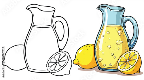 Lemonade Line Art Vector Illustration Black and White with Coloring Sample. Bold and Easy Food, Fruits, Sweets, Drinks, Dessert, and Snacks Coloring Pages for Adults and Kids