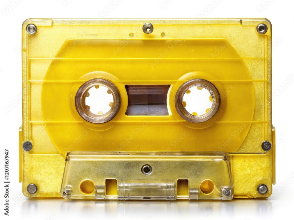 Obraz premium Close-up of a retro yellow cassette tape; a nostalgic reminder of 80s and 90s music.