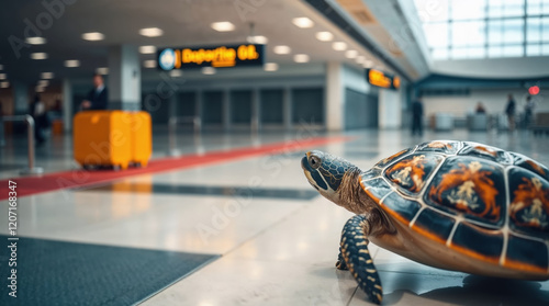 Curious turtle staring at empty departure gates in airport. Funny wild animal late for a flight photo