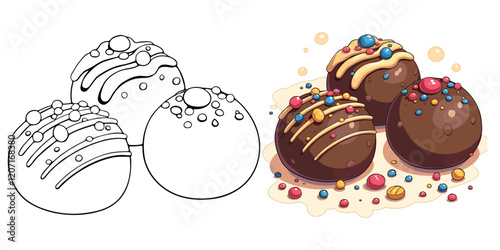 Chocolate Truffle Line Art Vector Illustration Black and White with Coloring Sample. Bold and Easy Food, Fruits, Sweets, Drinks, Dessert, and Snacks Coloring Pages for Adults and Kids