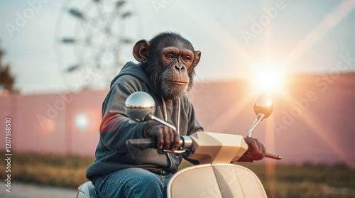 Funny monkey riding on a motorbike outdoors. Wild animal behaves like a human photo