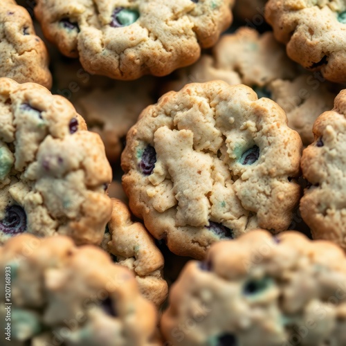 A delicious close-up shot of freshly baked cookies with chocolate chips and blueberries. photo