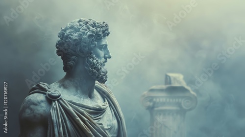Marcus aurelius  a confident stance amidst atmospheric light and ancient greek ruins