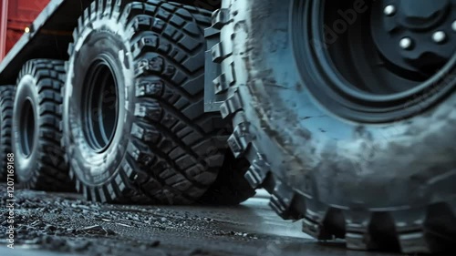 Large truck with a huge tire on the back. The tire is black and has a white stripe