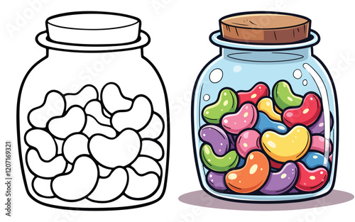 Jellybeans Line Art Vector Illustration Black and White with Coloring Sample. Bold and Easy Food, Fruits, Sweets, Drinks, Dessert, and Snacks Coloring Pages for Adults and Kids
