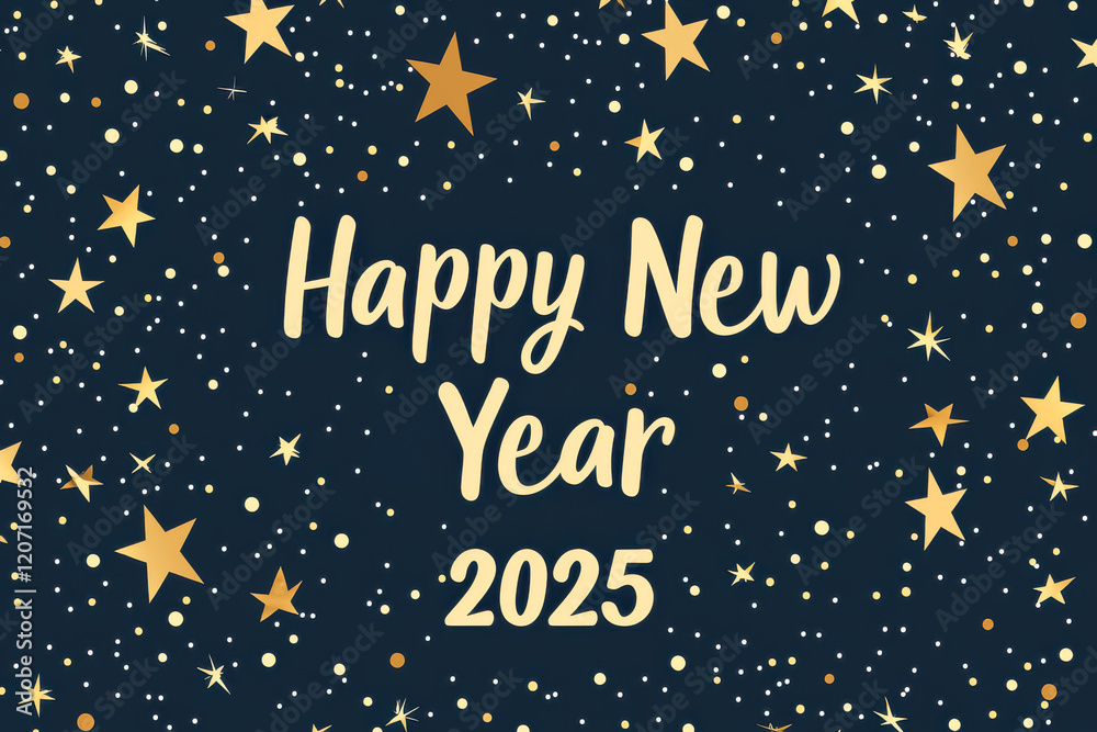 Happy New Year 2025 with golden stars on a dark background.
Happy New Year 2025 with golden stars on a dark background.