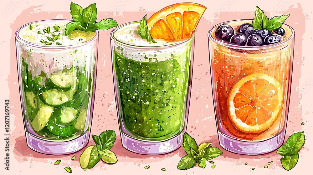 Refreshing fruit smoothies, healthy drinks, pink background, summer recipe, beverage advertisement Refreshing fruit smoothies, healthy drinks, pink background, summer recipe, beverage advertisement