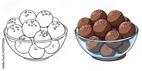 Chocolate-Truffles Line Art Vector Illustration Black and White with Coloring Sample. Bold and Easy Food, Fruits, Sweets, Drinks, Dessert, and Snacks Coloring Pages for Adults and Kids