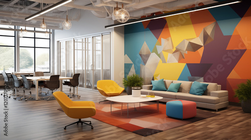 A vibrant office with colorful geometric murals and comfortable seating, creating an energetic and creative workspace. 