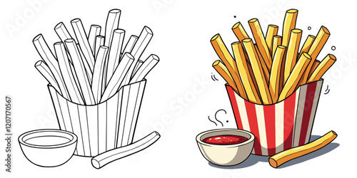French Fries Line Art Vector Illustration Black and White with Coloring Sample. Bold and Easy Food, Fruits, Sweets, Drinks, Dessert, and Snacks Coloring Pages for Adults and Kids