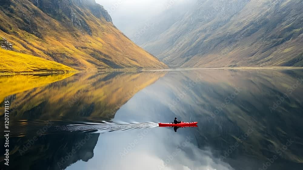 Person in red kayak paddles across a calm lake surrounded by mountains in misty conditions