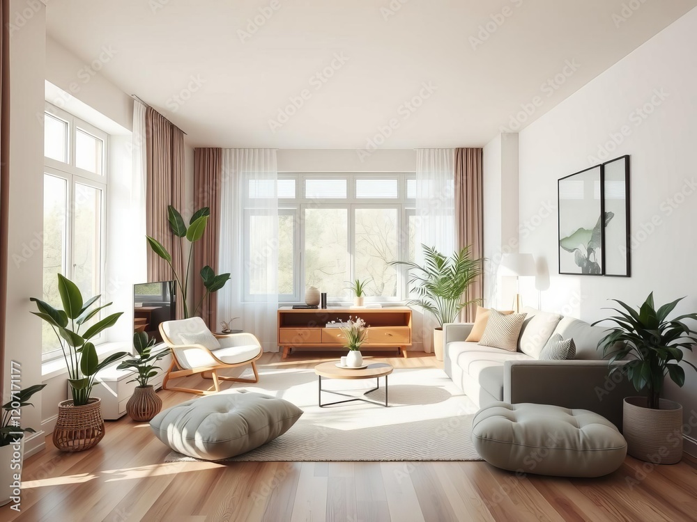 Fototapeta premium Inviting living room with indoor plants, contemporary design decor, natural light, minimalist aesthetic, and serene ambiance, relaxation, contemporary design