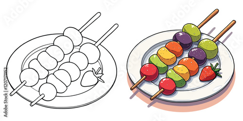 Fruit kabob Line Art Vector Illustration Black and White with Coloring Sample. Bold and Easy Food, Fruits, Sweets, Drinks, Dessert, and Snacks Coloring Pages for Adults and Kids