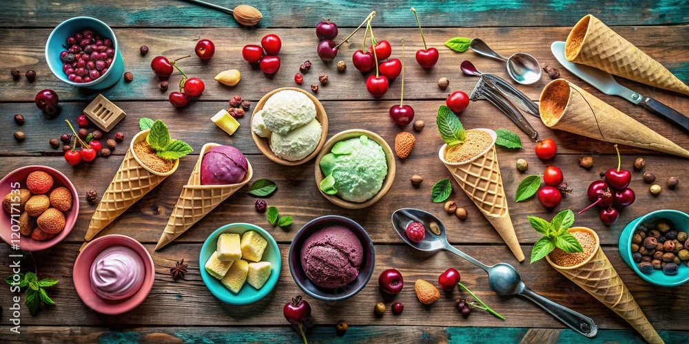 Fototapeta premium Delicious ice cream awaits! Wooden table flat lay with ample space for text. Perfect summer promotion.