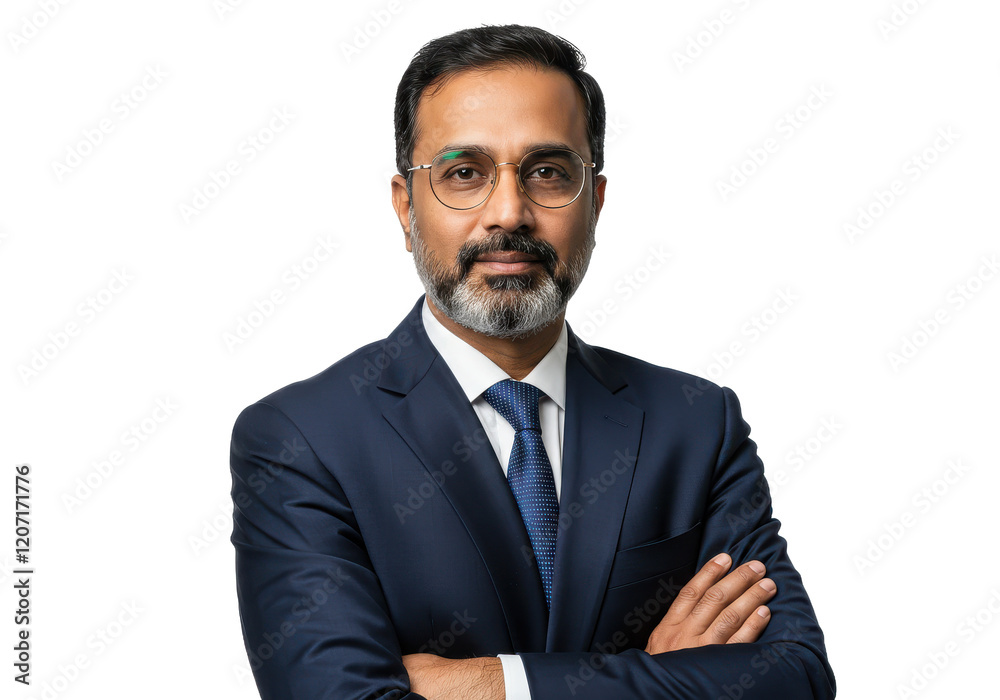 A professional middle-aged businessman in a navy suit, wearing glasses, with arms confidently crossed, isolated on a white background A professional middle-aged businessman in a navy suit, wearing glasses, with arms confidently crossed, isolated on a white background