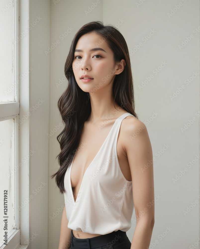 Elegant Portrait of a Woman in Natural Light by a Window Elegant Portrait of a Woman in Natural Light by a Window