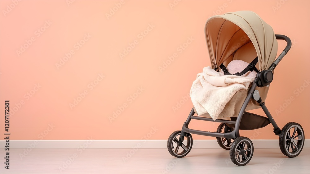 Stylish Baby Stroller with Soft Blanket Against Soft Peach Wall, Generative AI. Stylish Baby Stroller with Soft Blanket Against Soft Peach Wall, Generative AI.