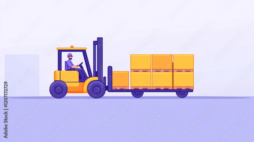 Fototapeta premium Worker Operating Forklift with Yellow Pallets in a Warehouse Setting