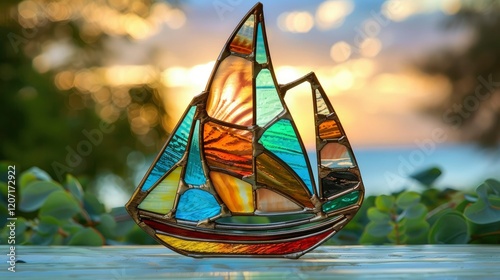 Colorful stained glass boat on the beach at sunset, shallow depth of field