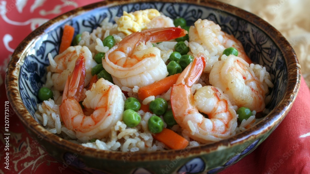 A colorful overhead view of shrimp fried rice served in a rustic bowl, with ingredients like peas, carrots, and egg visibly mixed in, emphasizing freshness A colorful overhead view of shrimp fried rice served in a rustic bowl, with ingredients like peas, carrots, and egg visibly mixed in, emphasizing freshness